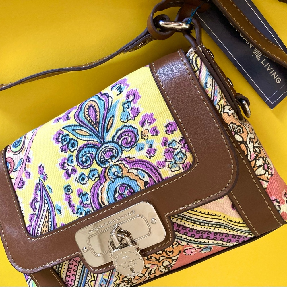 Yellow paisley pattern canvas crossbody handbag.